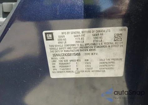 2016 Chevrolet Equinox Lt из США, поврежденный, VIN 2GNALCEK2G6115456